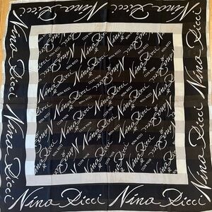 Stunning VTG Nina Ricci Monochrome Signature Silk Scarf Black & White 34” Square